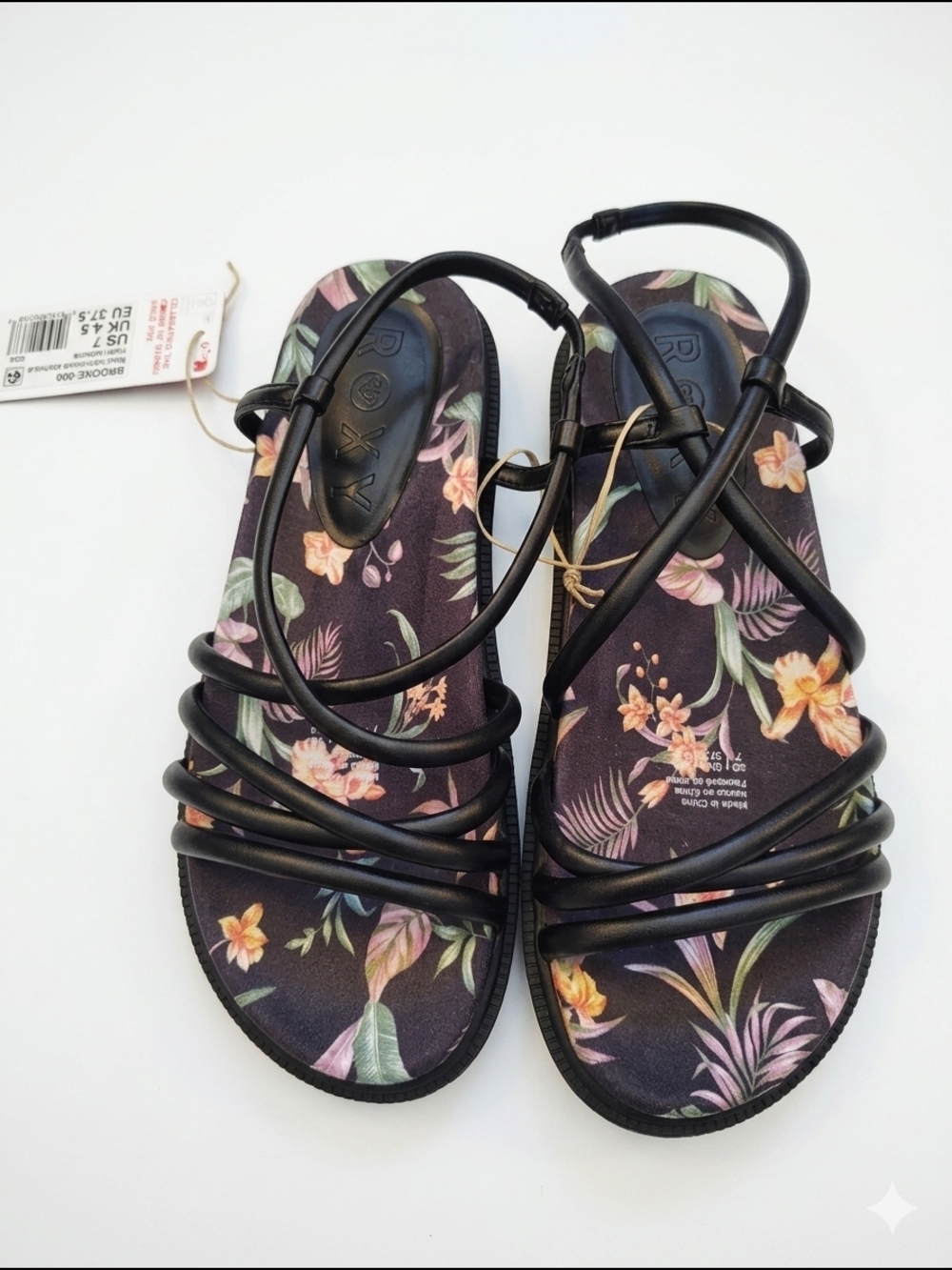 Roxy‎ Black Floral Strappy Sandals - Women's 8